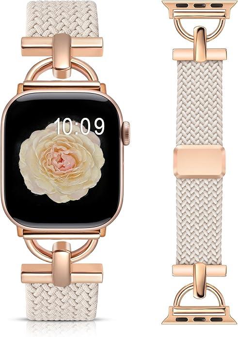 Wearlizer Braided Magnetic Band Compatible with Apple Watch Bands 38/40/41/44mm Women Men, Designer D-Shape Stretchy Elastic Nylon Strap for iWatch Series 11 10 9 8 7 6 5 4 SE/Ultra 3 2 1