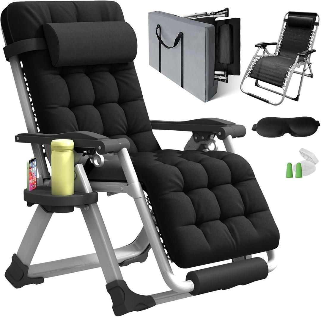 Oversized Zero Gravity Chair, XL lounge Chair 29 Width, Padded Reclining Camping Chair W/Removable Cushion & Adj Headrest, Storage Bag, Footrest Cushion, Cup Holder, For Indoor Outdoor, Black