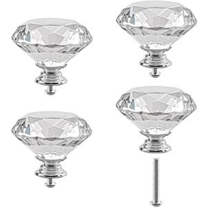 Crystal Cabinet Knobs 3Pack Clear Glass Diamond Shape Drawer Knobs 50mm Diamond Dresser Pulls Door Knobs Cabinet Pulls Cupboard Wardrobe Handles for Kitchen Office Cupboard Drawers (Silver, 3 PCS)