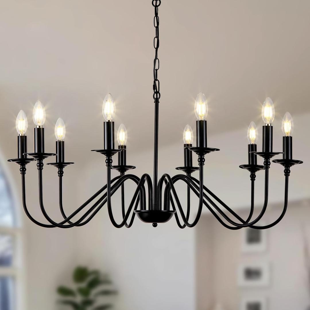 Mikeru Black Chandelier, 10-Light Vintage Industrial Pendant Light, Farmhouse Dining Lighting, Dimmable & Adjustable Height Chandelier. Suitable for Bedroom, Living Room, Kitchen, Office, Foyer.