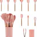 GreenLife 11 Piece Silicone Utensil Crock Set, Nonstick Kitchen Tools, Ladle, Turner, Slotted Turner, Spatula, Spoon, Spaghetti Server, Brush, Whisk, Tongs, Crock, Dusty Pink