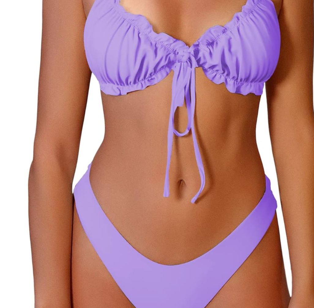 ZAFUL Women's Triangle Bikini Floral Ruffles Bow Tie Up Bikini Set Two Piece Swimsuit, S