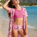 AIDEAONE 5-16T Girls Bathing Suit 3 Piece Swimsuit Drawstring Quick Dry Tankini with Cover Ups (9-10 Years, Pink Butterflies)