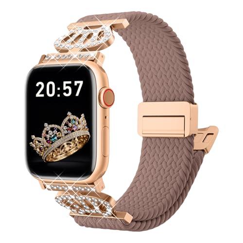 Braided Stretchy Bands with Magnetic Clasp for Apple Watch Band 40mm 38mm 41mm 42mm 44mm 45mm 46mm 49mm, Bling Crown Designer Soft Nylon Sport Solo Loop for iWatch Series 10 9 8 7 6 5 4 3 Ultra 2 1 SE