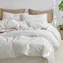 MooMee Striped Duvet Cover Set 100% Washed Cotton Linen Like Textured Breathable Durable Soft Comfy (White Sage Green Wide Stripes, Oversized Queen 98"x98")
