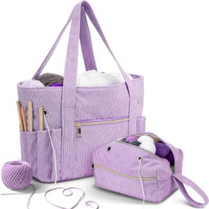 Bulyoou 2 Pcs Crochet Bag and Tote Set Corduroy Yarn Bag Crochet Tote Bag for Crochet Hooks Organizer Yarn Holder for Crochet Lovers Knitting Bag Crochet Accessories(Purple)