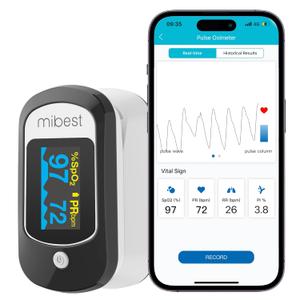 Mibest CN368R Bluetooth Pulse Oximeter - Blood Oxygen Saturation Monitor with App - SpO2, Pulse Rate, Respiration Rate, Plethysmograph and PI - Compatible with iOS & Android Smartphones - Free App