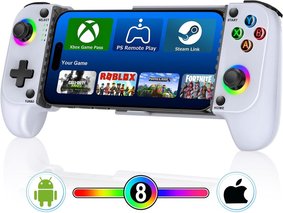 Wireless Mobile Gaming Controller for iPhone/Android, Phone Game Controller Support Phone Case, Colorful Light Hall Joystick, Turbo, Mobile Gaming Gamepad (White)