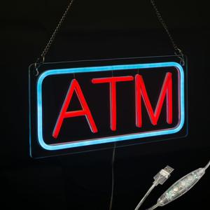 ATM Neon Sign, Small Size, 12"6", USB Powered, 9 Levels of Brightness, Suitable for Bank Supermarket Convenience, Easy to Install on Store Wall Window as Room Decoration (Red, Transparent Acrylic)