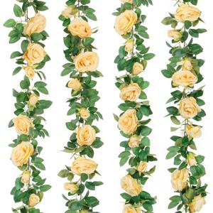 TELDRASSIL 4Pcs(26 FT) Artificial Rose Vine Fake Flower Garland Fake Silk Rose Hanging Vine for Wedding Party Background Arch Garden Background Decoration (Champagne)