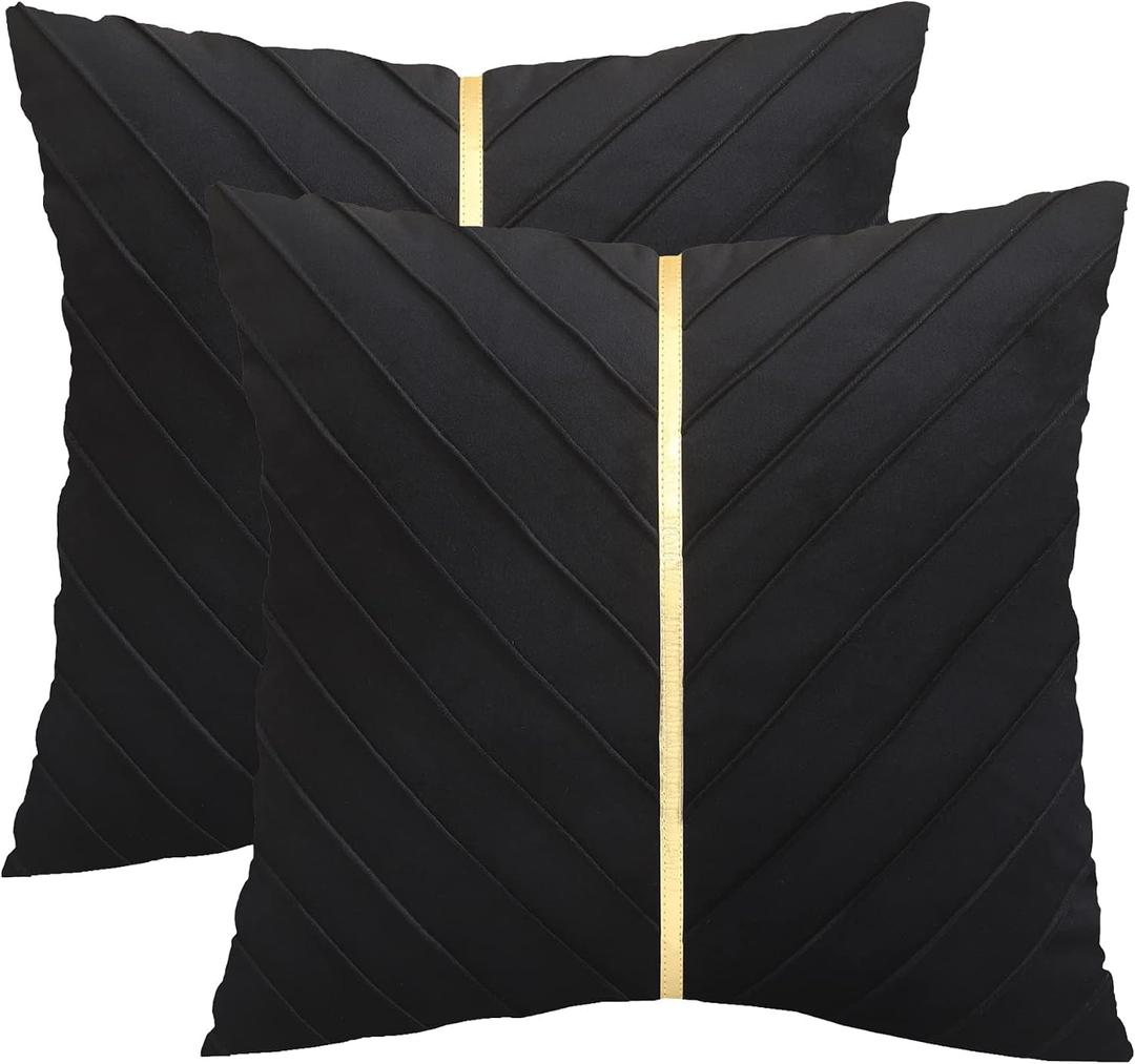 Black Pillow Covers 18 x18 Pack of 2 with Gold Leather Soft Velvet Throw Pillow Covers Decorative Couch Pillow Cover Luxury Modern Pillowcases Spring Summer Home Decor for Wedding Sofa Bed