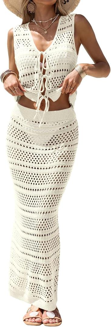 Fisoew Womens Summer Crochet Swim Cover Up 2 Piece Sleeveless Front Tie Crop Tops Beach Maxi Skirt Boho Coverup Set (Small, Beige) Fisoew Womens Summer Crochet Swim Cover Up 2 Piece Sleeveless Front Tie Crop Tops Beach Maxi Skirt Boho Coverup Set (Small, Beige)