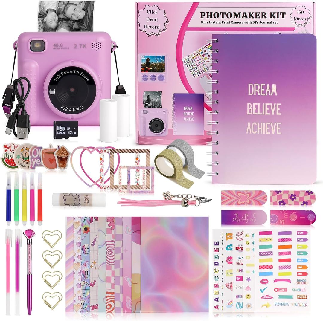 Photomaker Kit - Instant Print Camera for Kids Plus DIY Journal Kit for Girls - 150 Pcs Tween Journal & Camera for Girls - 6 7 8 9 10 11 12 13 14 Year Old Girl (Lilac)