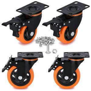 3 Inch Heavy Duty Plate Swivel Caster Set of 4 Wheels with Safety Brakes, PVC Wheels, No Noise Non-Marking, Load 1800 Lbs