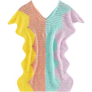 WDIRARA Girl's Crochet Cover Up Color Block Short Sleeve V Neck Beach Swimsuit Coverups Rainbow Multicolor 11-12Y