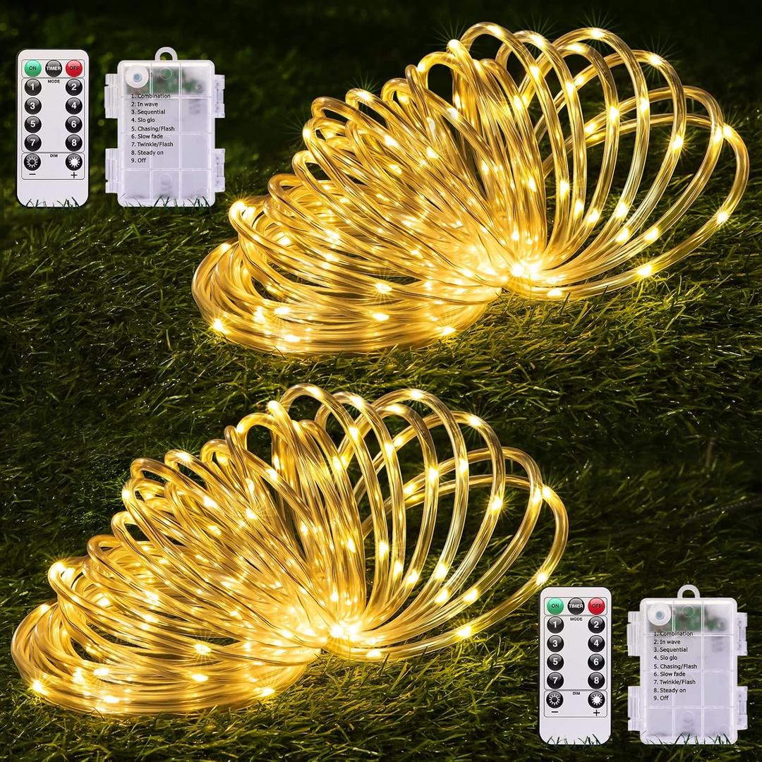 JMEXSUSS 2 Pack Christmas Lights Battery Operated Rope Lights Warm White - Outdoor Waterproof, 200LED 66ft 8 Modes Battery Powered String Light with Remote for Tree Garden Christmas Decorations