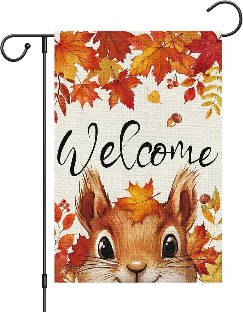 Welcome Fall Squirrel Garden Flag 12x18 Inch Double Sided Outside Autumn Maple Leaves Nut Small Burlap Yard Flag Farmhouse Outdoor Decoration
