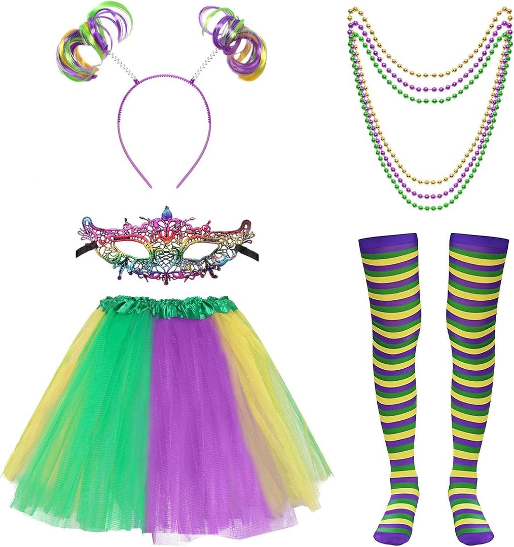 Heliltd 7Pcs Mardi Gras Costume Accessory Set for Women: Tutus, Lace Masquerade Mask, Beads Necklaces, Ponytail Headband, Long Socks - Multi, Standard Size