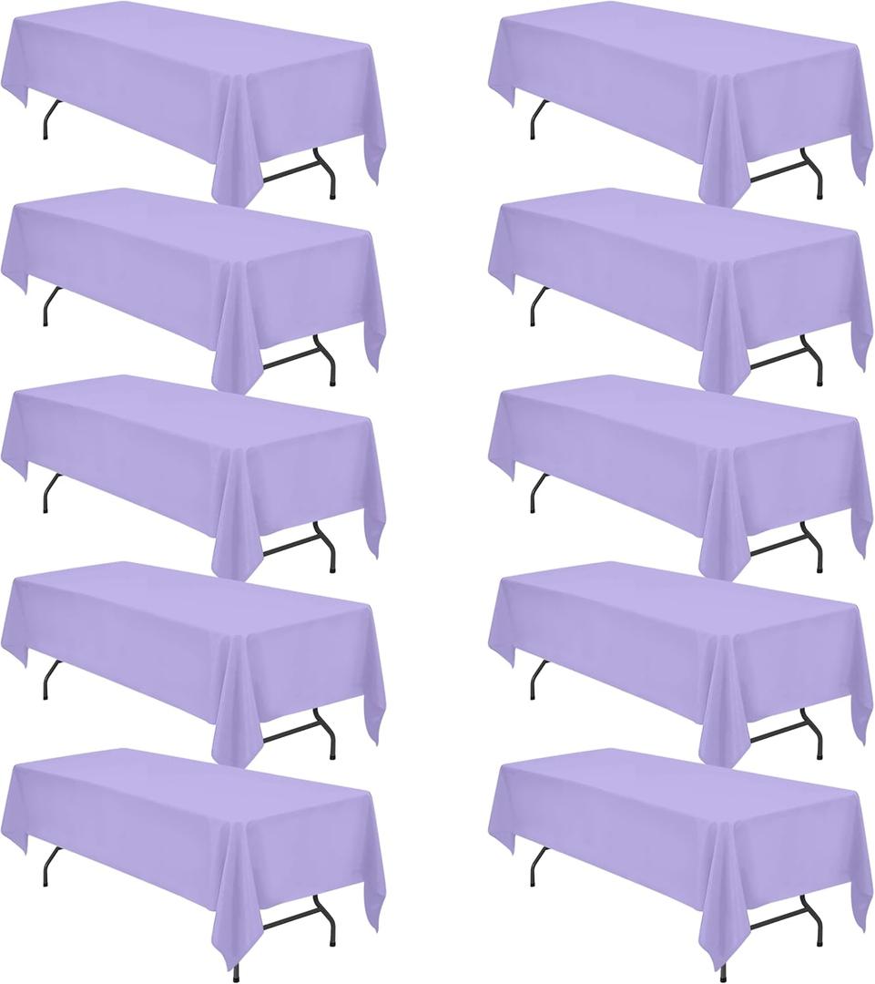 BRILLMAX 10 Pack Lavender Tablecloths 60 x 126 Inch for 8ft Rectangle Tables - 150 GSM Polyester Fabric, 15" Standard Drop, Water, Stain & Wrinkle Resistant Cloth Cover for Wedding Dining Buffet