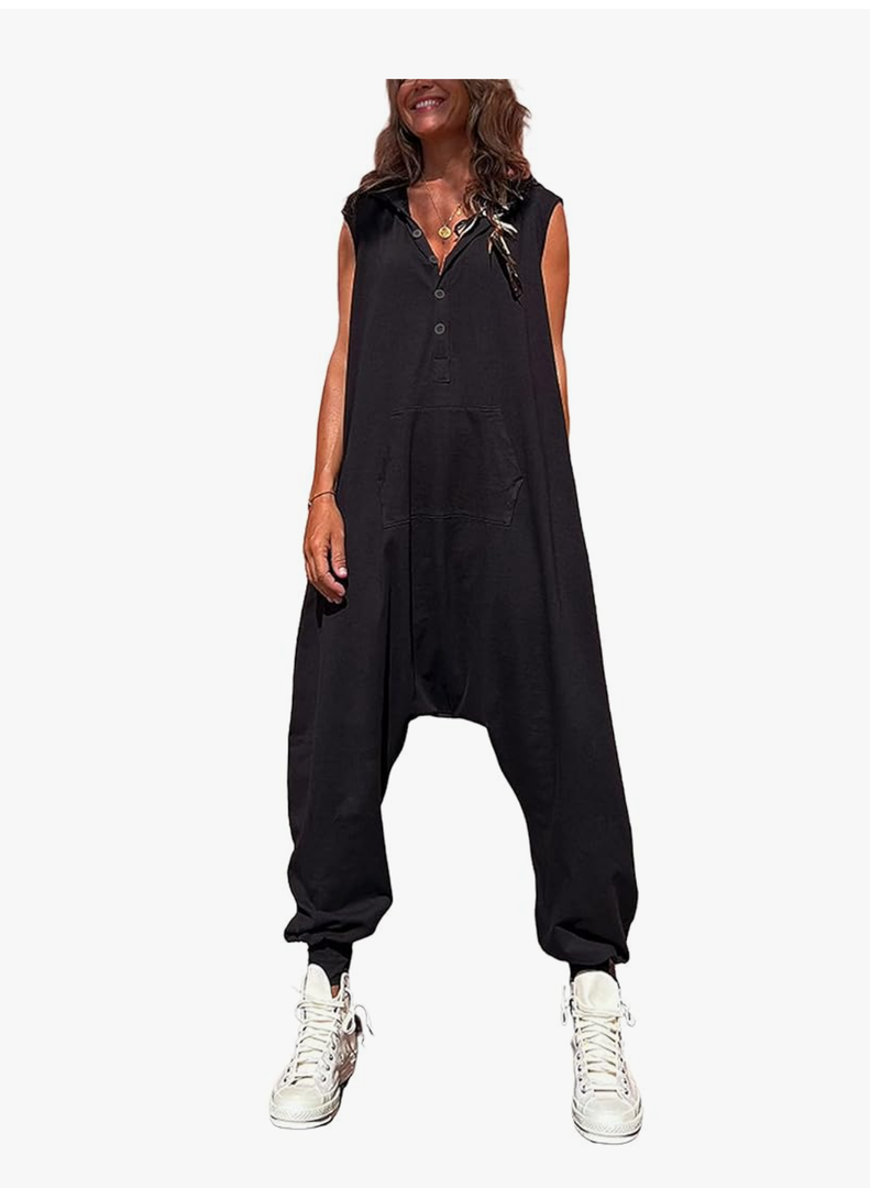 Tanming Hooded Jumpsuits for Women Casual Sleeveless Long Harem Pants Romper with Pockets L, Black
