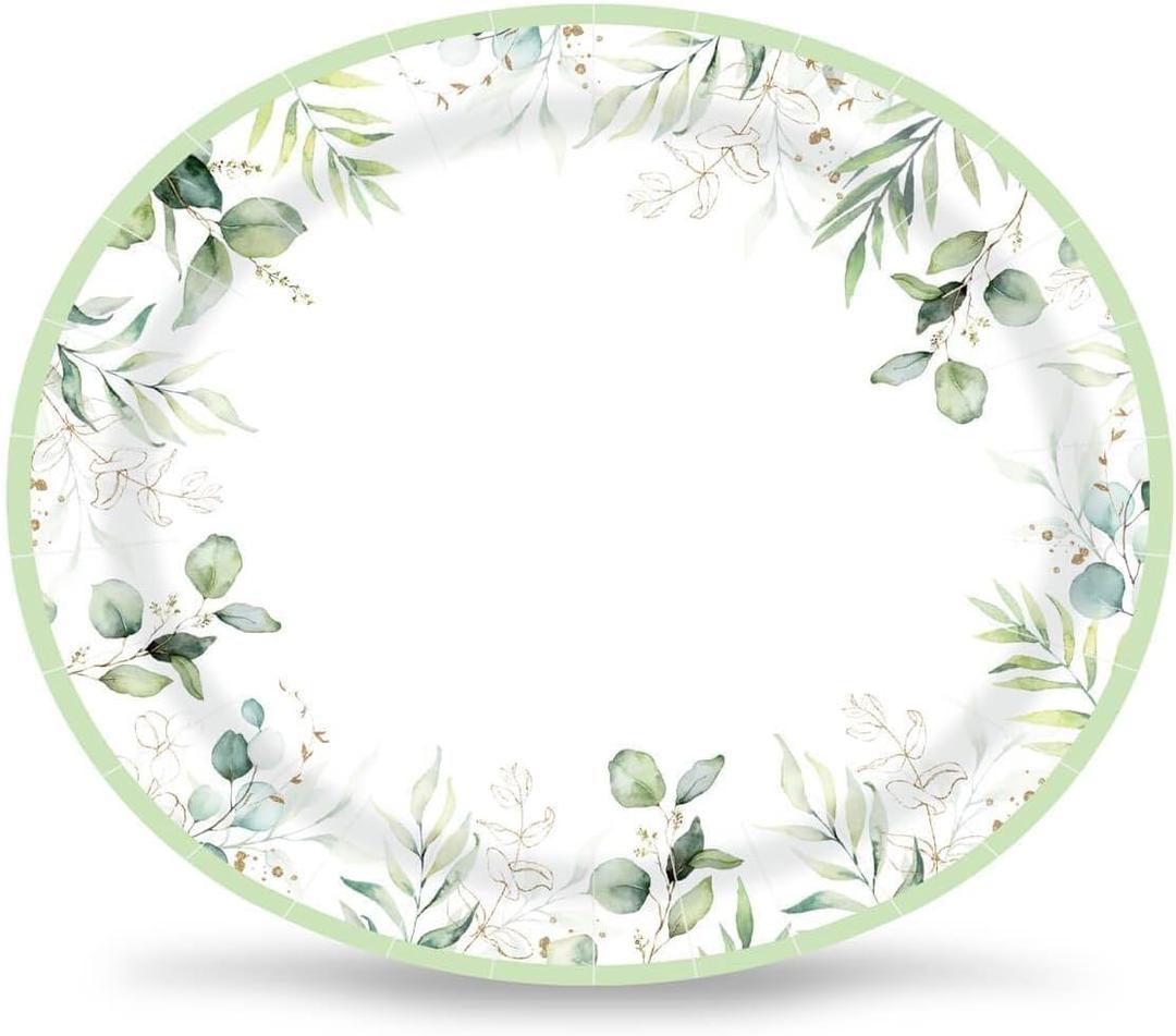 Sage Greenery Oval Paper Plates for Birthday Wedding Party 10x12 inch, Large