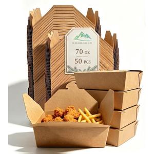 Kaderron 70Oz 50Pcs Disposable Take Out Food Containers, Brown Food Boxes To Go Kraft Paper Takeout Box Microwaveble and Refrigerator Safe(70OZ-50PACK)