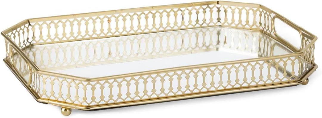 Bar Cart Tray, Decorative Mirrored Tray with Handles, Large Capacity Organizer, Gold