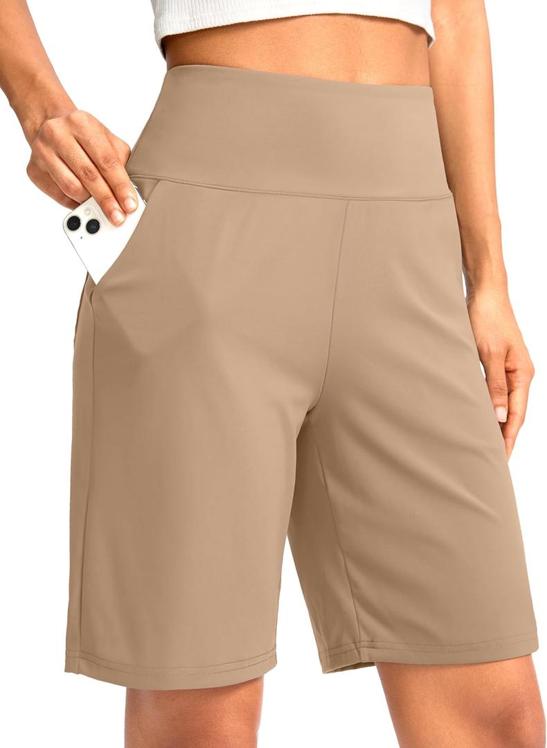 G Gradual Women's Bermuda Long Shorts with Pockets 9" High Waisted Knee Length Shorts for Women Walking Athletic Workout (Khaki)