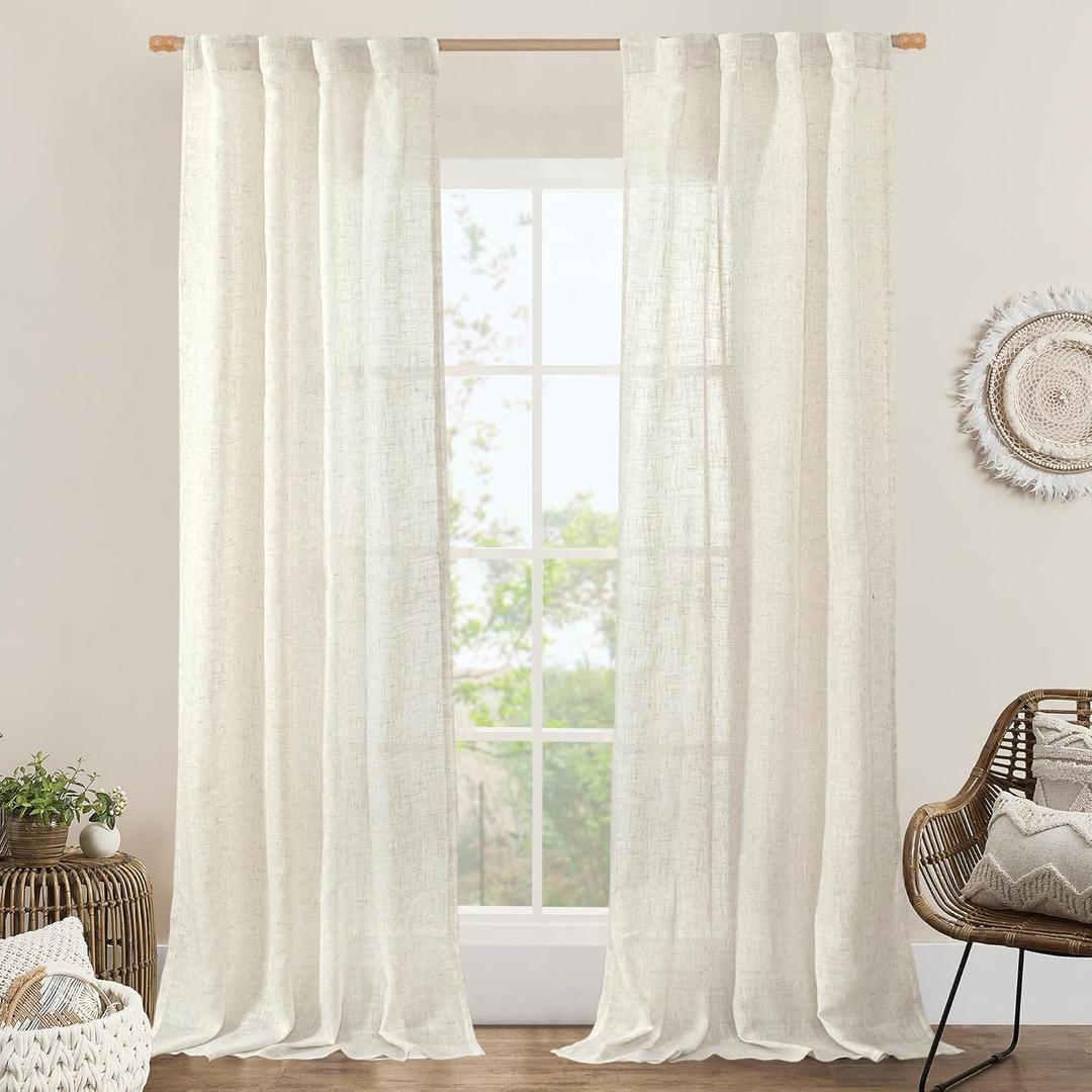 LAMIT 38 Inch Width Semi Sheer Linen Curtains 2 Panels, Cream Ivory Light Filtering Panels Back Tab and Rod Pocket Boho Neutral Drapes for Living Room/Bedroom/Farmhouse, 38 x 84 Inch (Natural)