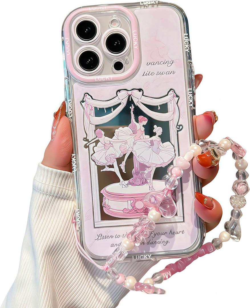 for iPhone 14 Case, [Light Pink Ballet Pattern][Shiny Mirror Case][2-in-1 with Beaded Wrist Strap] Soft TPU Frame, Shockproof and Anti-Shock, Suitable for Women & Girls