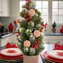 Small Christmas Tree with Red Berries Balls in Brown Pot, 17.7 inch Snow Frosted Artificial Mini Christmas Tree, Flocked Christmas Artificial Pine Tree in Tin Planter Christmas Decor