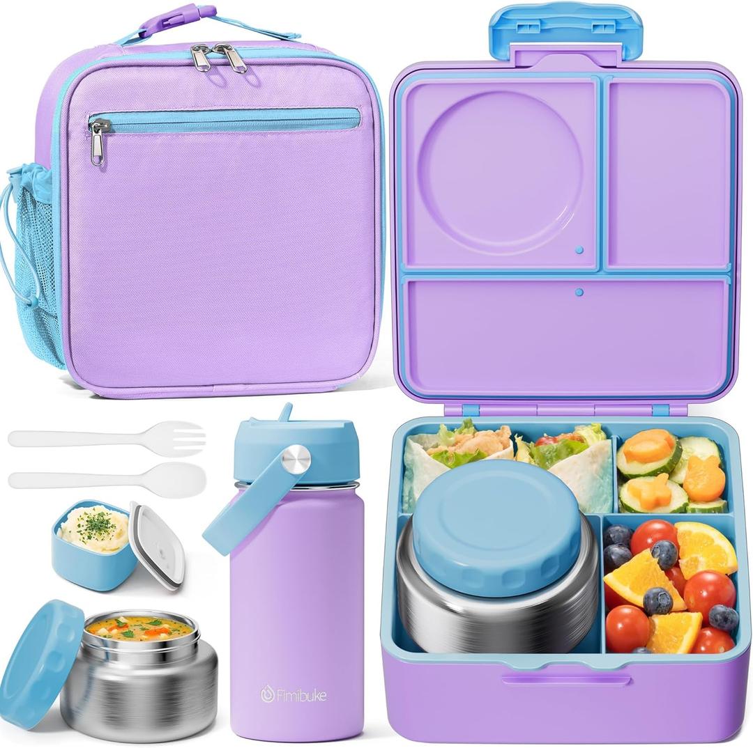 Fimibuke Kids Bento Lunch Box, Leakproof Toddler Bento Box with 8.5 OZ Insulated Food Jar, Lunch Bag, Kids Water Bottle, 3 or 4 Compartment Container for Back to School Toddler Girls Boys