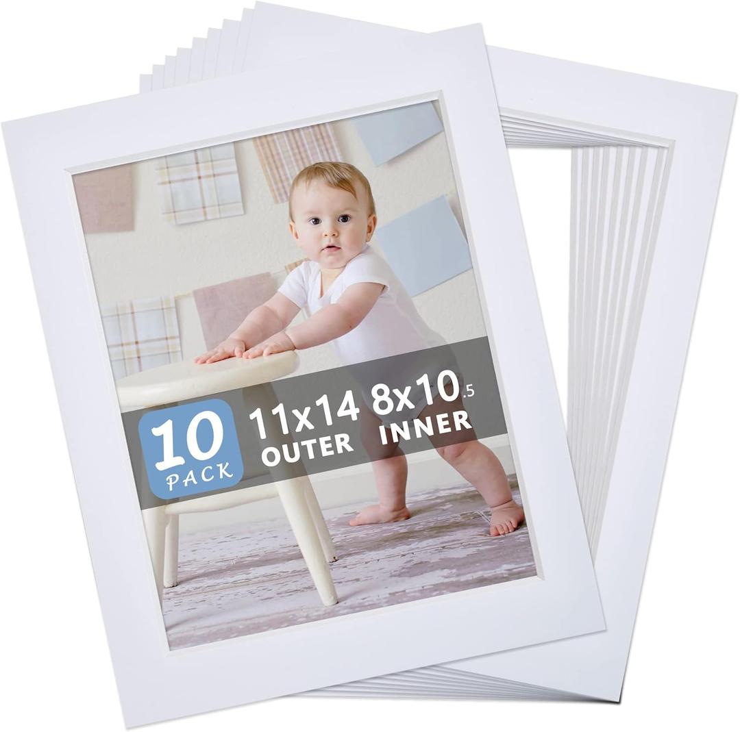 Somime 10 Pack Pre-Cut 11 x 14 White Picture Mats for 8.5x11 Photos - White Core Bevel Cut Frame Matte, Acid Free, Ideal for Frames/Artwork/Prints