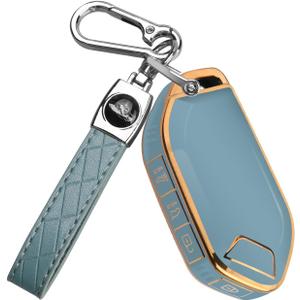 QBUC for Kia Key fob Cover,Soft TPU 360Car Key Case Protector with Leather Keychain Compatible with Kia Telluride 2023/2024 5 Buttons Smart Key (Blue) (Gold Edge - Blue)