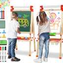 JOYOOSS Kids Wooden Easel with Paper Roll - Adjustable Magnetic Double Sided Drawing Board Whiteboard & Chalkboard Dry Easel Board,Children Art Easel for 3~12 Years Kids Boys Girls Painting Drawing, 50" H X 21" W X 18" D