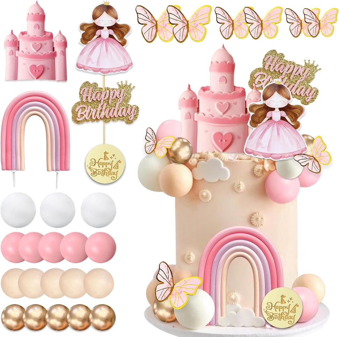 34Pcs Princess Cake Topper Castle Rainbow Cake Decoration with Pink Butterflies Cartoon Castle Pearl Balls for Pink Girl Princess Theme Birthday Baby Shower Party Supplies