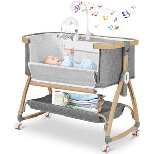 Bassinet Bedside Sleeper,Bedside Bassinet,Rocking Bassinet,Baby Bassinet,3 in 1 Portable Bedside Crib with Mattress,Mobile,Storage,Mosquito Net,6-Height Adjustable Bassinet with Wheels for Newborn (Grey)