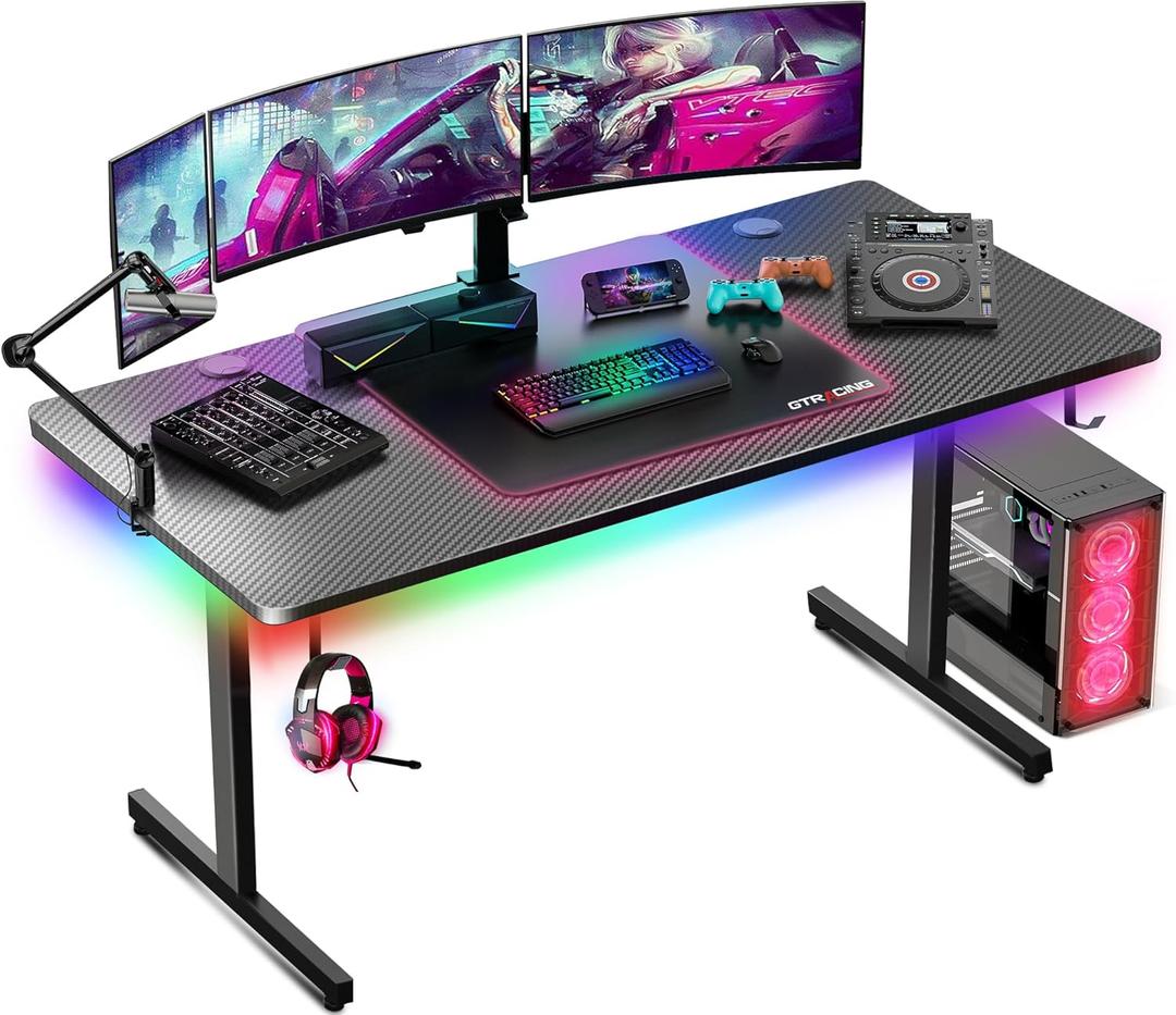 GTRACING Gaming Desk 55 Inch with LED Lights, Large Computer Desk with Mouse Pad for Home Office, T-Shaped Carbon Fibre Surface PC Game Workstations with Headphone Hook, Black