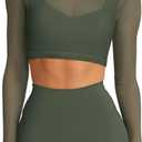 LASLULU Mesh Long Sleeve Crop Tops for Women Double Lined Workout Athletic Gym Shirts Cropped Tops with Built in Bra (Green, L)