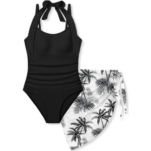 Girls Swimsuit Halter Neck One Piece Bathing Suit with Tropical Printed Cover Up Skirt Girls' Swimwear Set 7-18Y (11-12 Years, Black)