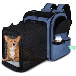 Petskd Expandable Pet Carrier Backpack for Small Medium Dog and Cat, Large Space Fits up to 15 lbs Pet, Foldable Backpack with Safety Lock Zipper and Breathable Mesh for Travel Hiking Camping(Blue)