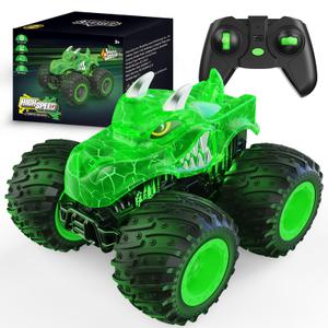AUUGUU Remote Control Car, 2.4GHz Monster Trucks Toys with Light Spray, Birthday Gift for Kids 3 4 5 6 7 8, All Terrain RC Cars, Toddler Toys for Boys Girls 3+ Year Old (Dinosaur-Green)