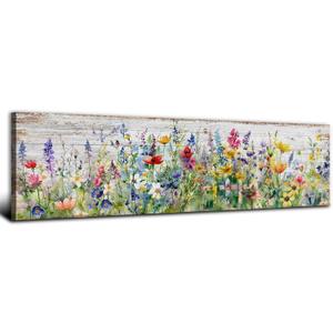 Rustic Wildflower Wall Art Colorful Farmhouse Floral Scenery Picture Decor Watercolor Flower Landscape Wood Grain Prints Painting Artwork for Living Room Office Bathroom Bedroom Home Decoration 14x48"