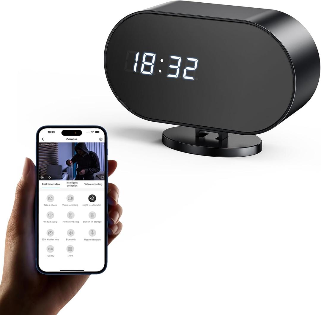 Hidden Camera Clock with 2 MP IR Night Vision WiFi 2000 mAh Motion Detection Spy Camera Portable for Home, Office