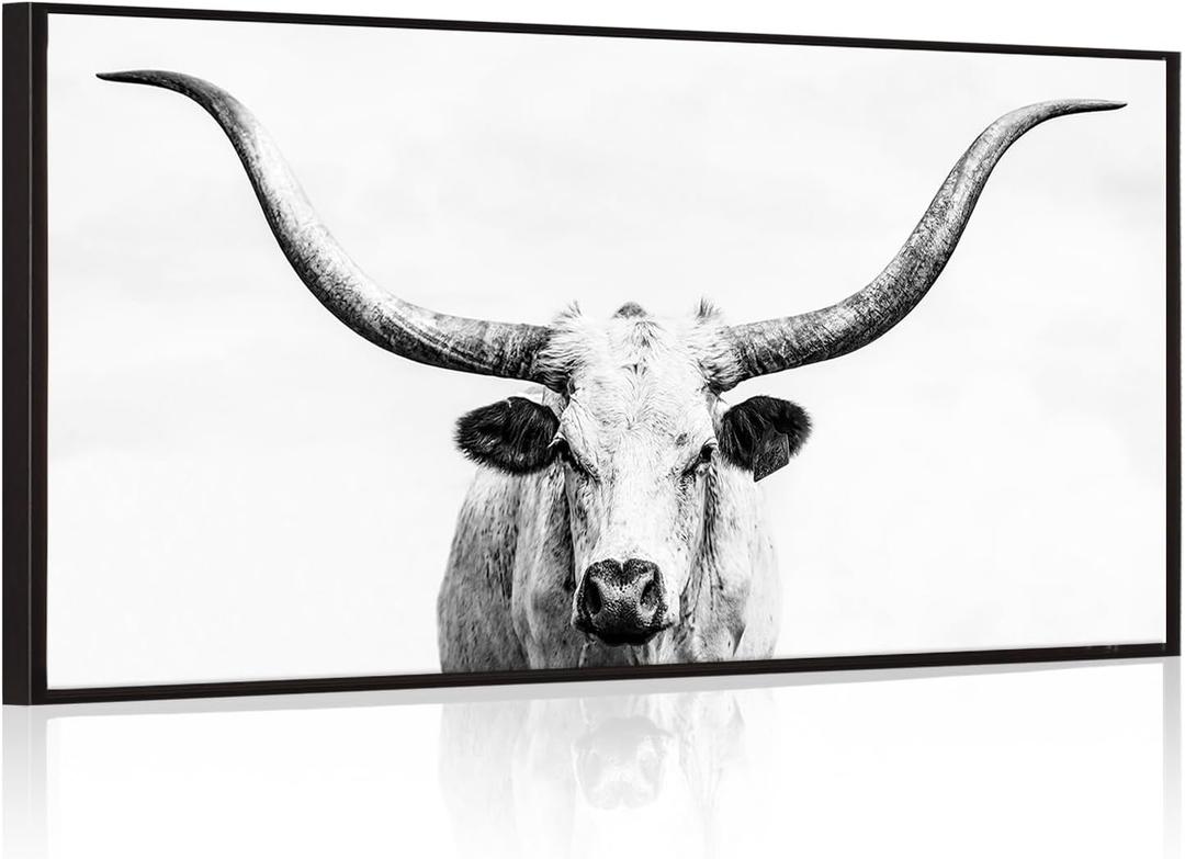 KREATIVE ARTS 24x48 Large Longhorn Cow Canvas Wall Art, Black and White Western Texas Cattle Portrait with Black Floater Frame, Photo Print Painting for Man Cave, Home Office, Living Room Decor