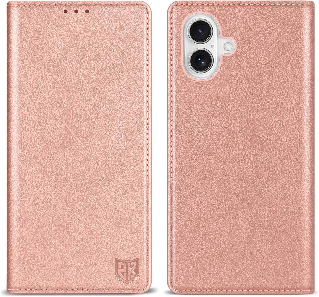 ZZXX for iPhone 17e/16e Wallet Case with [RFID Blocking] Card Slot Stand Strong Magnetic Leather Flip Fold Protective Phone Case for iPhone 17e/16e Case Wallet(Rose Gold-6.1 inch)