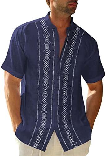 Cuban Guayabera Shirts for Men Short Sleeve Casual Button Down Shirt Band Collar Beach Camp Mexican Shirt NAVY XXL