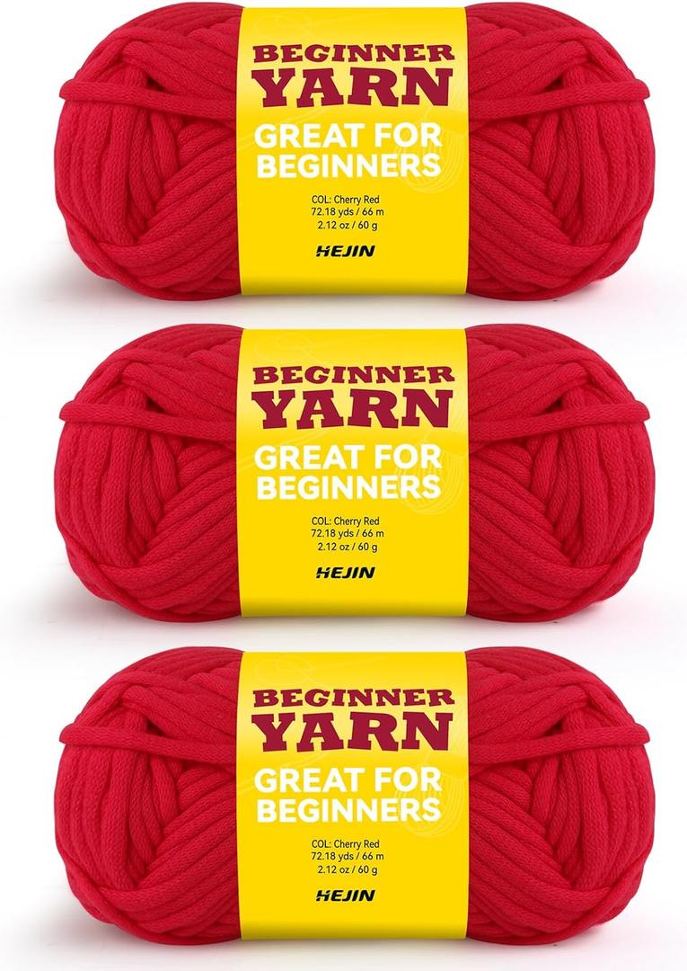 3x60g Cherry Red Yarn for Crocheting and Knitting;3x66m (72yds) Cotton Yarn for Beginners with Easy-to-See Stitches;Worsted-Weight Medium #4;Cotton-Nylon Blend Yarn for Beginners Crochet Kit Making