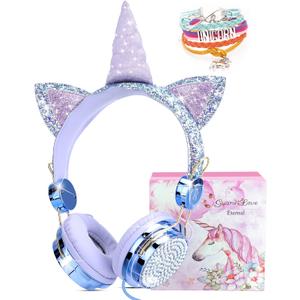 TCJJ Sparkly Unicorn Headphones for Girls, Wired Headset with Mic, HD Stereo Sound, Foldable Over-Ear Headphones,Tangle-Free Cord for School, Travel, Tablet-Ideal Christmas & Birthday Gift for Girls (Blue)