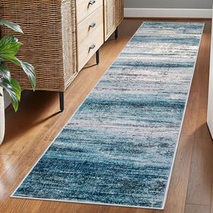 KOZYFLY Modern Abstract Runner Rug, 2x7 Kitchen Rugs Non-Slip Washable Soft Striped Runners for Hallways, Print Distressed Blue Carpet Runner for Entryway Bathroom Laundry Room Foyer